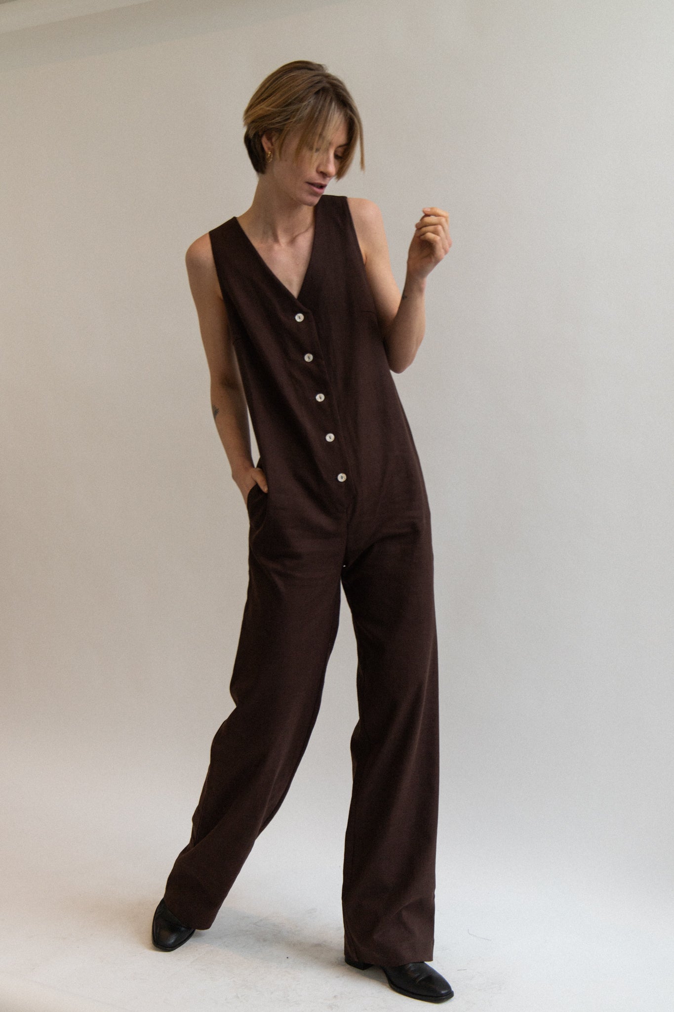 Linen Blend Jumpsuit - Dark Brown