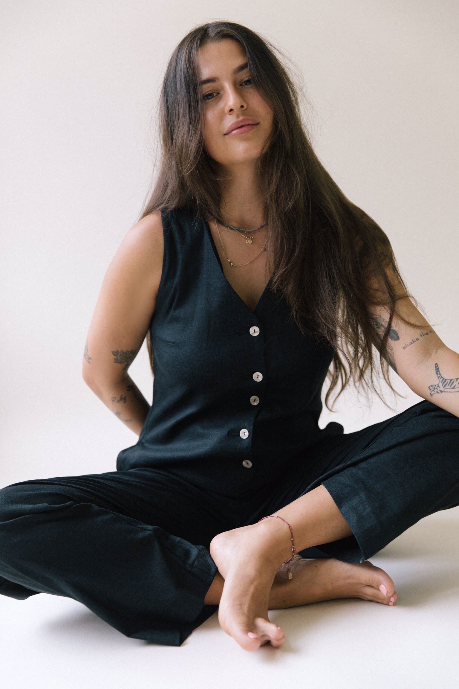 Linen Blend Jumpsuit - Black