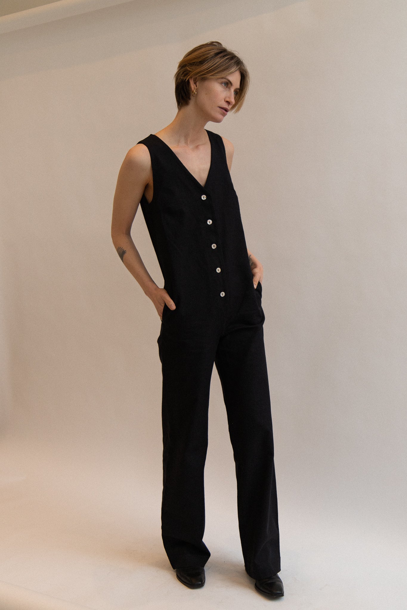 Linen Blend Jumpsuit - Black