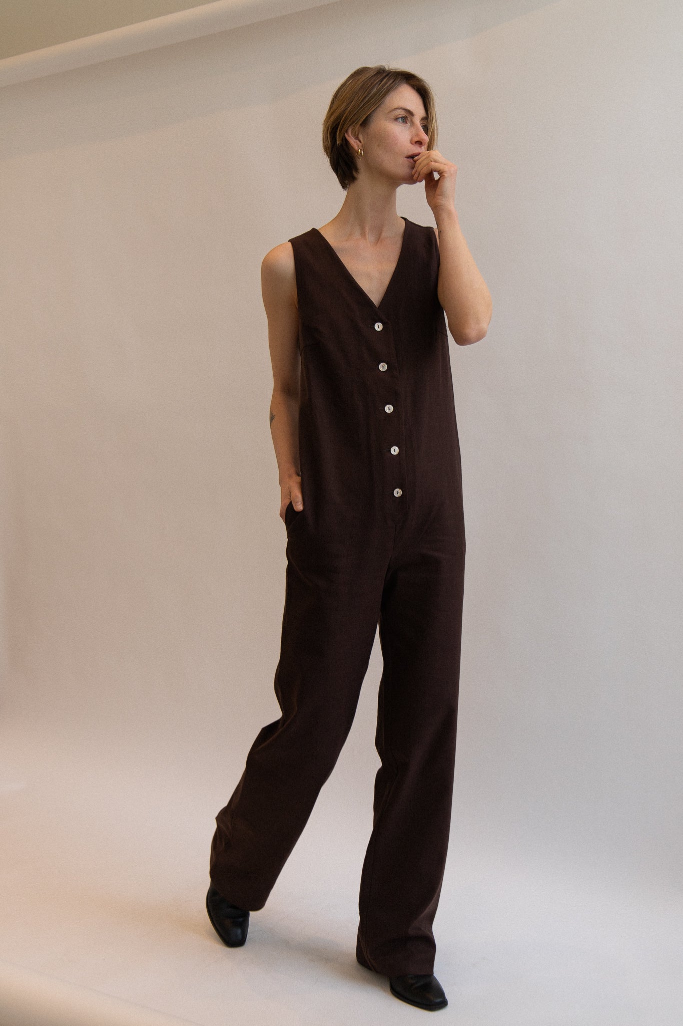 Linen Blend Jumpsuit - Dark Brown