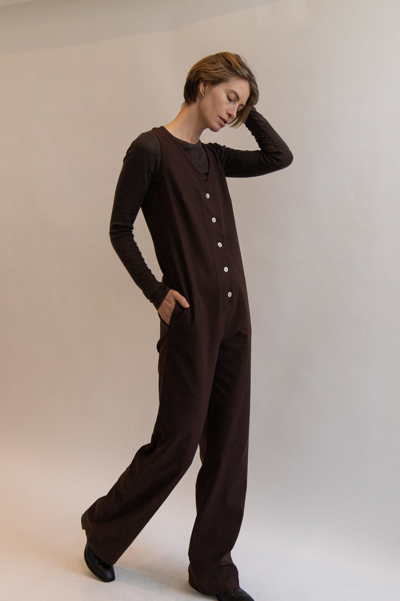 Linen Blend Jumpsuit - Dark Brown