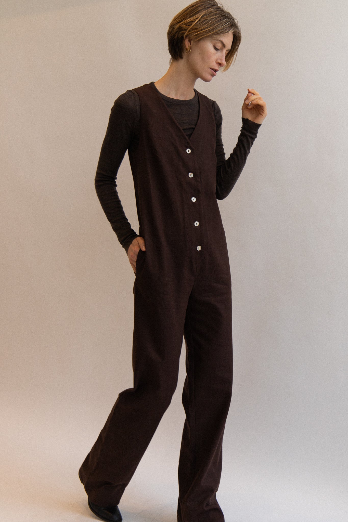 Linen Blend Jumpsuit - Dark Brown