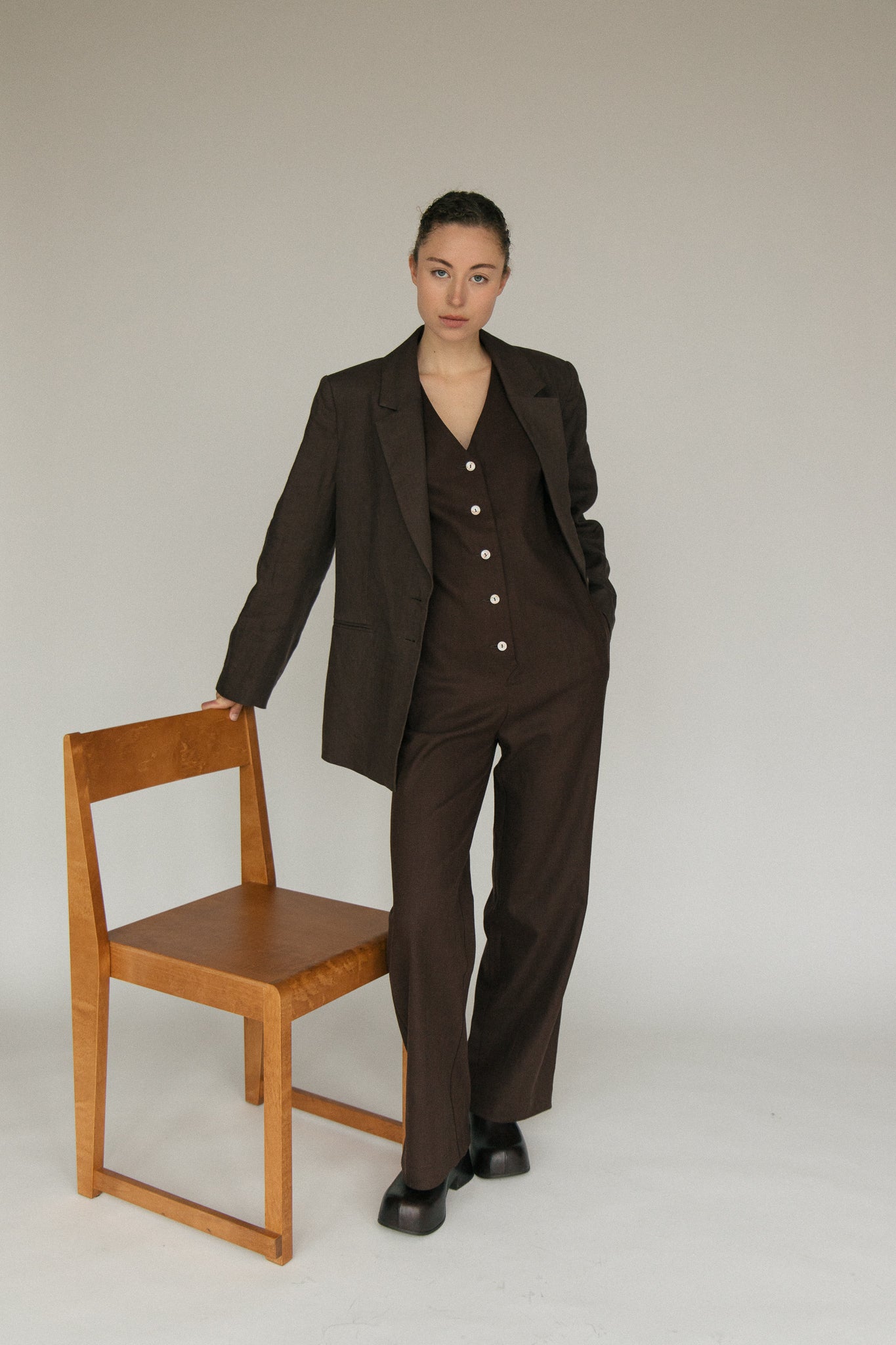 Linen Blend Jumpsuit - Dark Brown