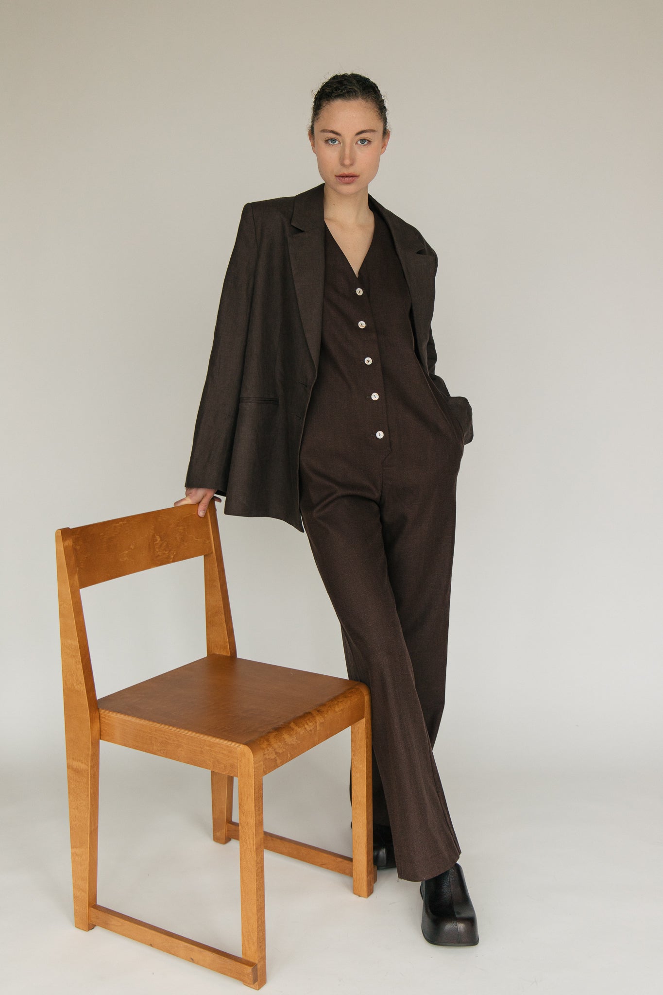 Linen Blend Jumpsuit - Dark Brown